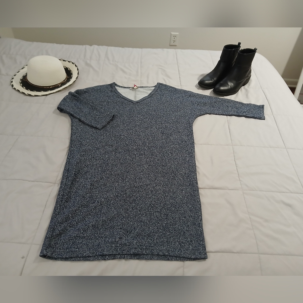 Heather Blue Knit Dress | Cozy Fall Layering | Soft Stretch V-Neck New Sz Small - Picture 3 of 6